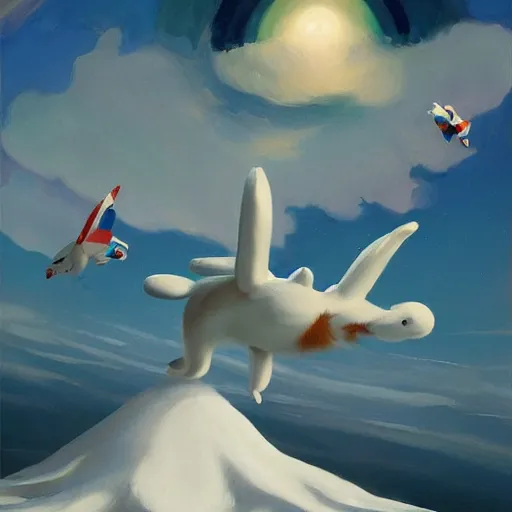 Prompt: Giant ice rabbits fly through the air, as a tornado approaches, by Takashi Murakami, Edward Hopper, Bo Bartlett, and Cynthia Sheppard, Artstation