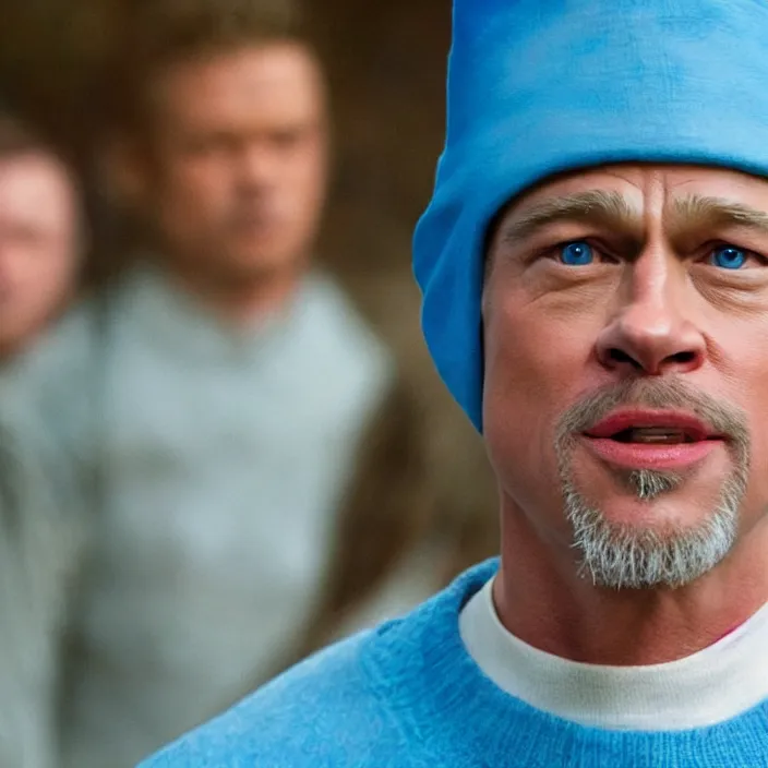 Prompt: brad pitt as papa smurf live action movie, 8 k,