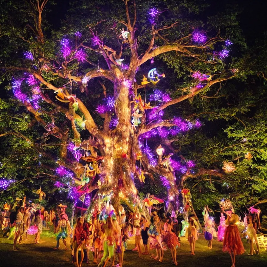 Image similar to a night carnival fairies around a magical tree next to a lake with iridiscent water, christmas lights, volumetric lightning, creatures and fantastic people disguised as fantastic creatures in a magical forest by summer night, masterpieceunderwater scene, masterpiece painted by slim aarons, scene by night