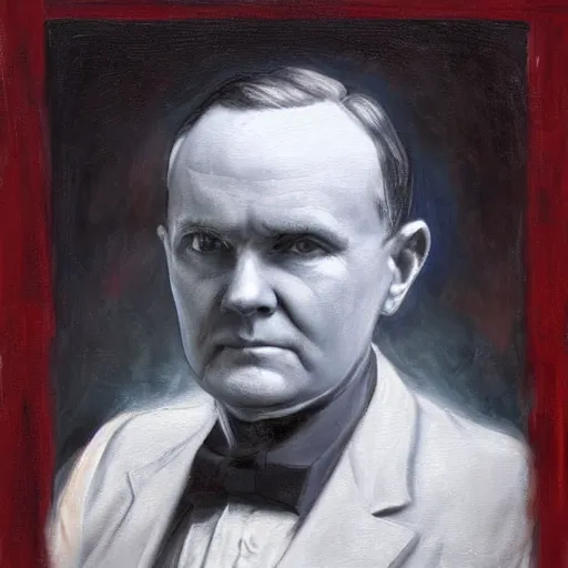 Image similar to calvin coolidge as a dnd fantasy tiefling, horned coolidge epic painting. official portrait, dnd character painting by gibbs - coolidge. oil on canvas, wet - on - wet technique, underpainting, grisaille, realistic. restored face.