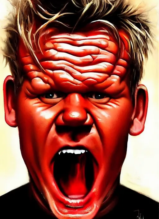 Prompt: gordon ramsay angry, screaming, red face, spit flying from mouth, stylistic painting by 'phil hale'!!!! high quality hd