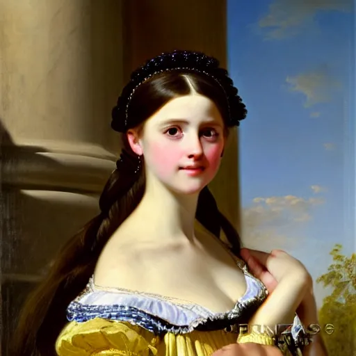 Image similar to portrait of a german teenage princess, circa 1 8 5 0 by franz xaver winterhalter, highly detailed, beautiful, oil on canvas, 1 8 5 0 s, romanticism