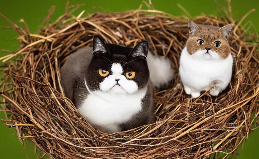 Prompt: An exotic shorthair cat guarding it's eggs in a nest with a wren, nest is made of sticks. the cat has wings, feathers wings, documentary, national geographic, odd, depth of field, photorealistic