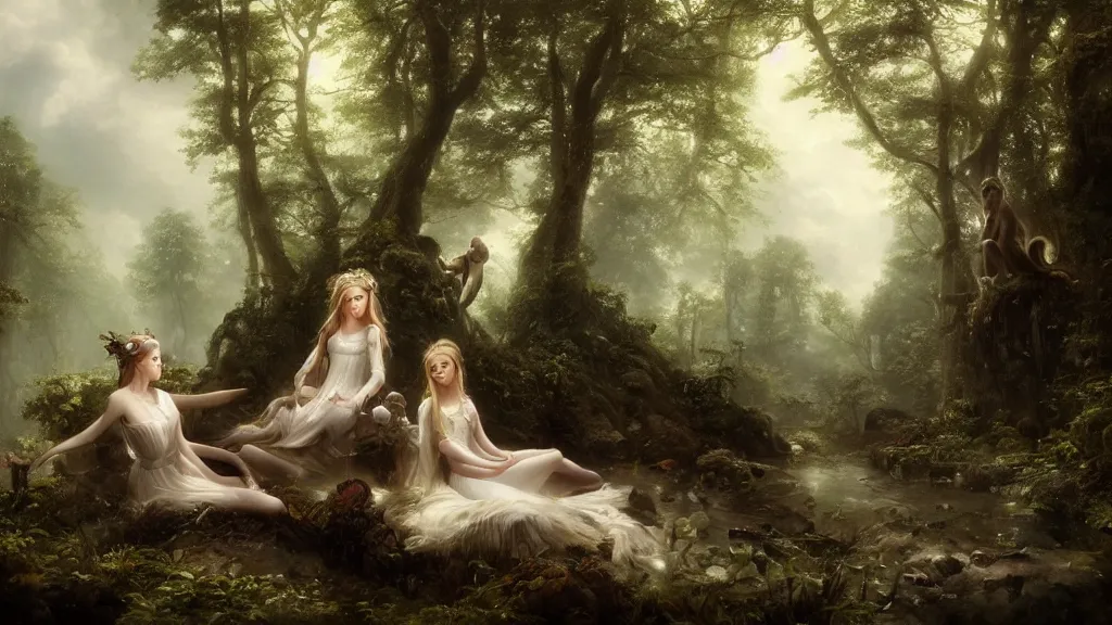 Image similar to elven princess sitting with the monkey god in the melancholy forest. andreas achenbach, artgerm, mikko lagerstedt, zack snyder, tokujin yoshioka