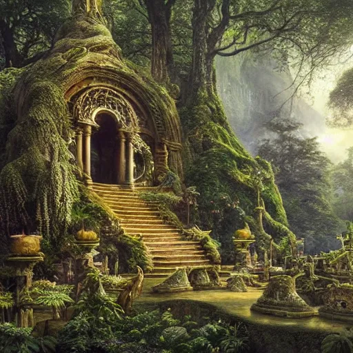 Image similar to a beautiful and highly detailed matte painting of an elven temple in a magical fantasy garden in a lush forest, intricate details, epic scale, insanely complex, 8 k, sharp focus, hyperrealism, very realistic, by caspar friedrich, james gurney and brian froud,