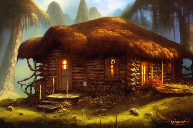 Prompt: morning autumn lonely cabin by rodney matthews, frank frazetta, trending on artstation.