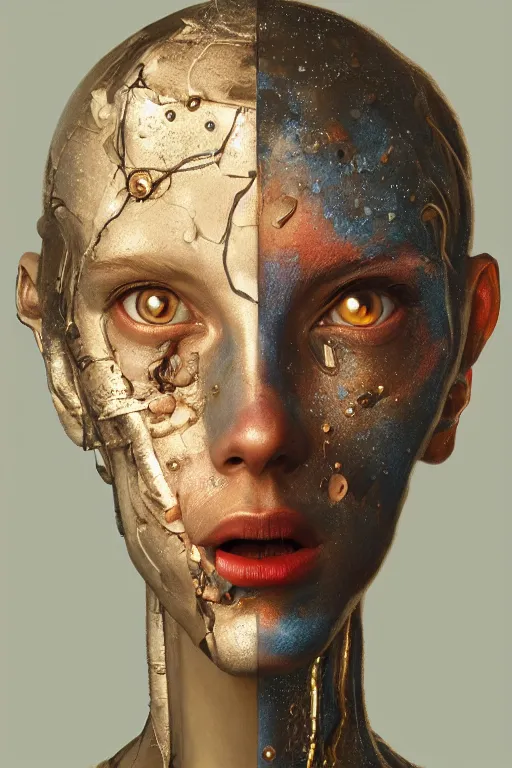 Image similar to beautiful portrait of a teen robot making funny face, dystopian, biopunk, skin details, digital painting, sculpted in zbrush, artstation, concept art, smooth, sharp focus, illustration, chiaroscuro, soft lighting, golden ratio, rule of thirds, fibonacci, art by Audubon, incredible art by Stanley Artgerm Lau and Greg Rutkowski, composition by mike mignola and Simon Stalenhag,