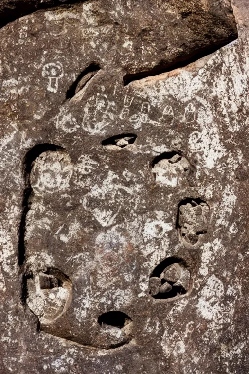 Image similar to 4 k photography of petroglyphs representing crosses, ufo, yin yang symbol on a cave