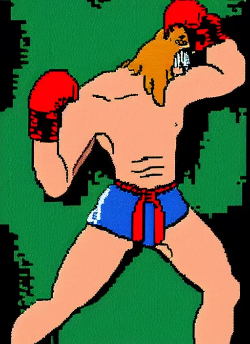 Image similar to extreme long shot. antropomorphic muscular masculine furr wolf. kickboxer, in shorts. wolf head. furr on body. 8 bit nes graphics. 8 0's