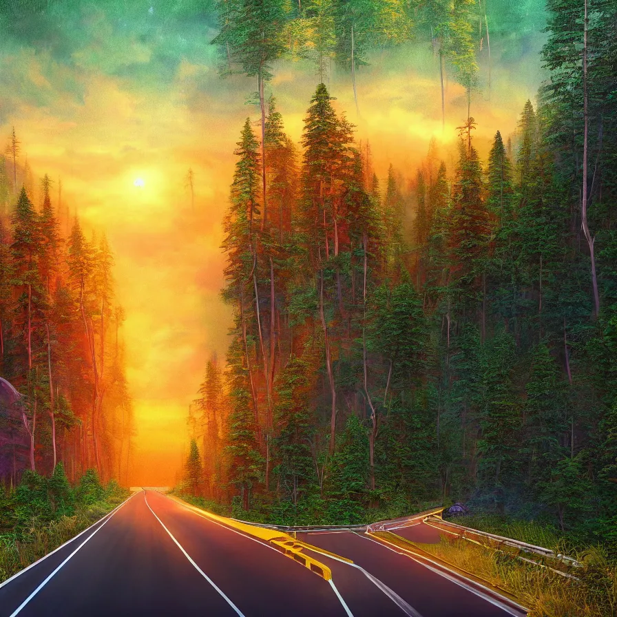 Prompt: intricate painting of a highway road leading to the horizon through a thick forest down a rocky mountain coast towards the sunset. atmospheric good vibes. colorful psychedelic, ultra realistic, concept art, modern art, photorealistic, octane render, 8 k, unreal engine. art by nori inoguchi and sam kaplan and zachary goulko and christopher marley