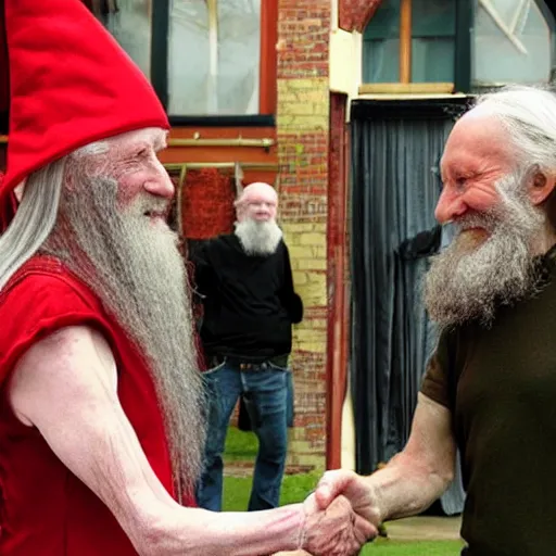 Prompt: daevid allen shaking hands with a real - life gnome