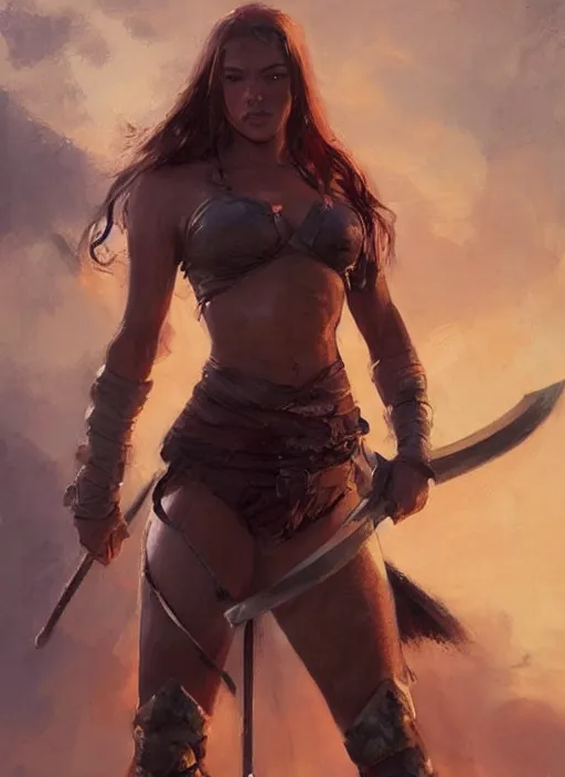 Prompt: hyper realistic warrior girl with sword in her hand, full body, rule of thirds, human proportion, good anatomy, beautiful face, conceptart, saturated colors, cinematic, vallejo, frazetta, greg rutkowski