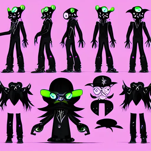 Image similar to character sheets for a new sinister shadowy vampire squid character, artwork in the style of splatoon from nintendo, art by tim schafer from double fine studios, edgy original character color palette from the early two thousands, black light, neon, spray paint, punk outfit, tall thin frame, adult character, fully clothed, vampire, colorful, pop art, official art