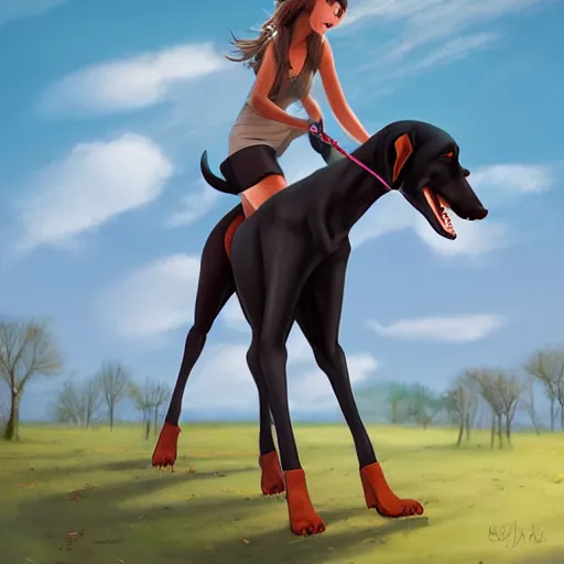 Image similar to girl riding a giant doberman in the park, trending on artstation