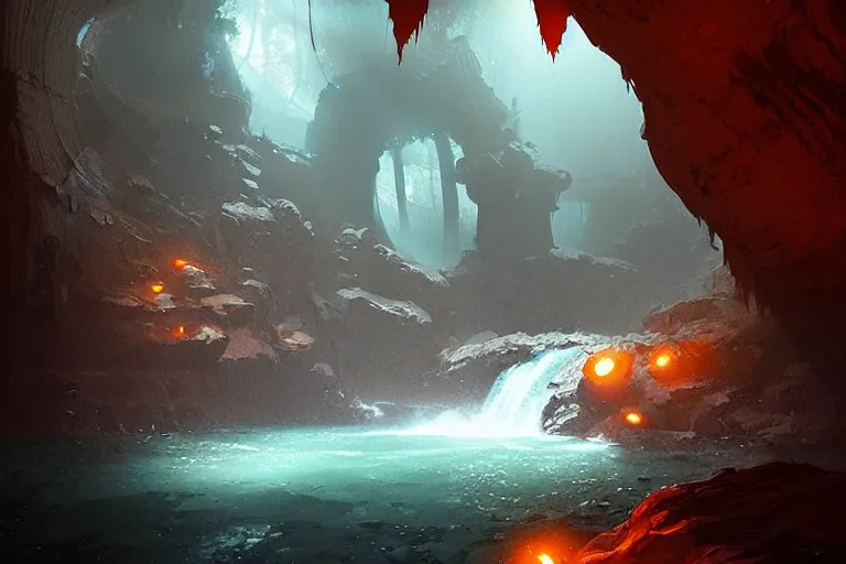 Prompt: big dark hollow cave, small water stream, orange minerals, fantasy, art by greg rutkowski