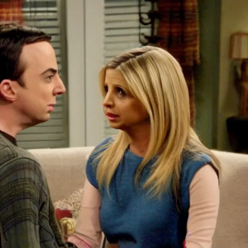 Prompt: a still from The Big Bang Theory of Sarah Michelle Gellar talking to Sheldon Cooper in his living room