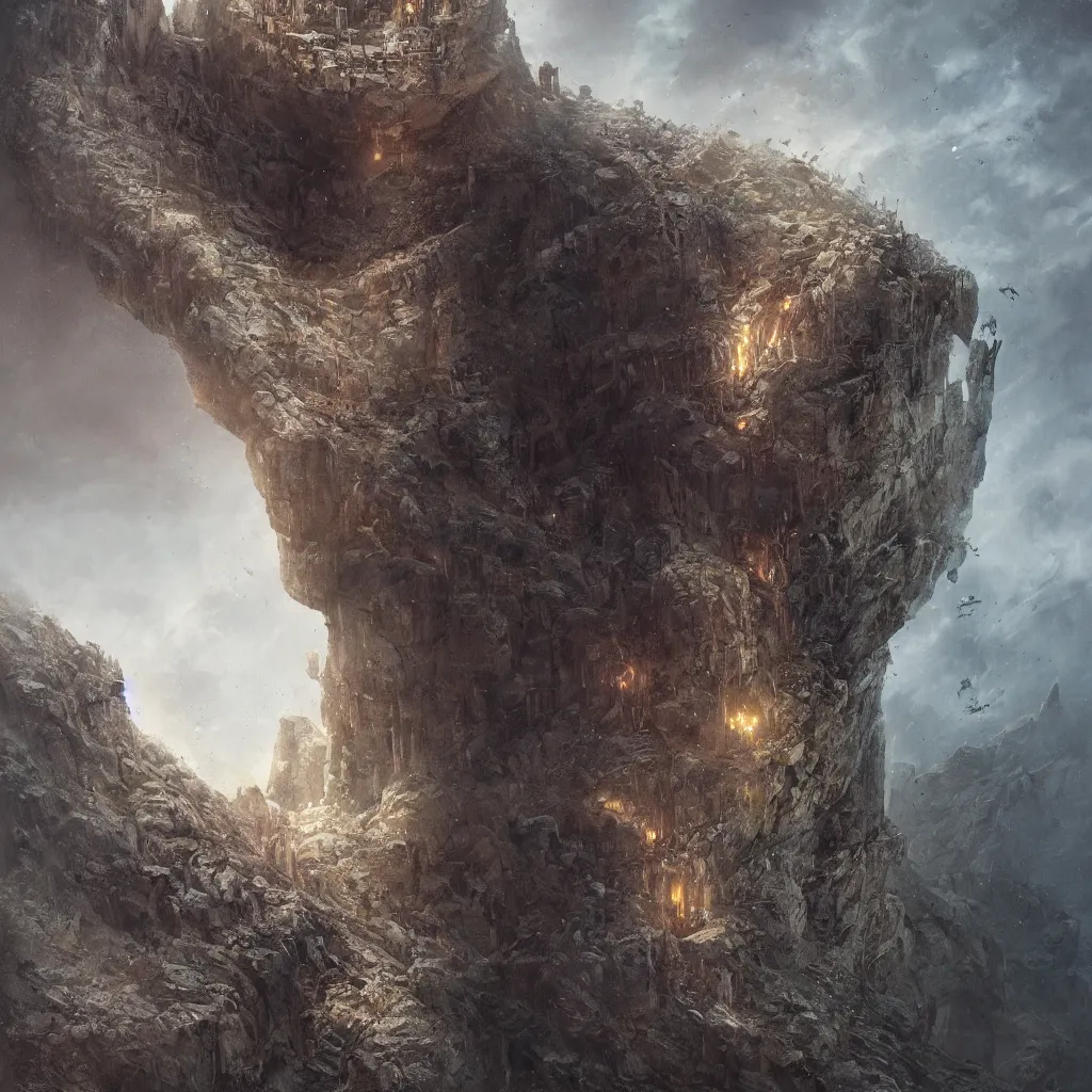 Prompt: a detailed portrait of a giant robotic face buried half way in a cliff face by Greg Rutkowski, Sung Choi, Mitchell Mohrhauser, Maciej Kuciara, Johnson Ting, Maxim Verehin, Peter Konig, final fantasy, Marco lense , 8k photorealistic, cinematic lighting, HD, high details, atmospheric , trending on artstation