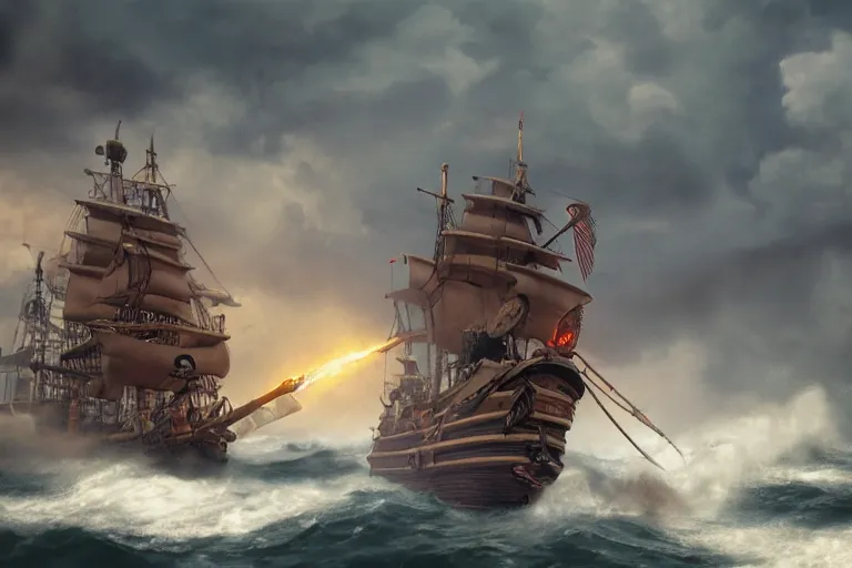 Image similar to epic pirate ship cannon battle in a storm, in the style of vernon grant and chris van allsburg, trending on artstation, bright tilt - shift camcorder effect, photoshop, retrowave, hyperrealism, octane, sharp focus, masterpiece