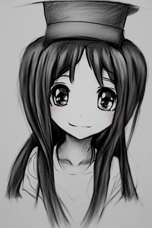 Image similar to highly detailed, cute loli in a tall black top hat, red bow, face profile, pencil sketch, gray scale, anime style