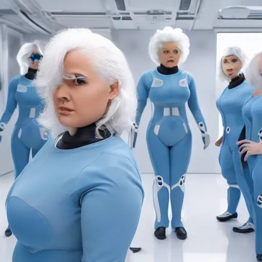 Image similar to formation of determined chubby mustached women with white hair, white hair, tight light blue neopren suits, futuristic production facility, sci - fi, highly detailed, cinematic
