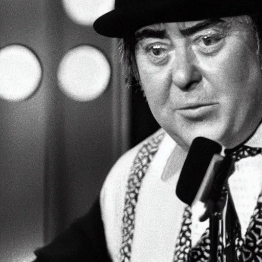 Prompt: 808 satate on top of the pops, close up of Jimmy tarbuck on shakalute, shallow depth of field cinematic