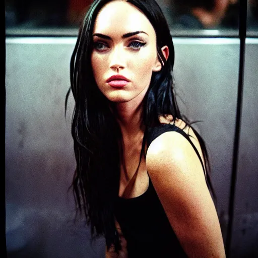 Image similar to fujifilm superia photo portrait of megan fox in the london subway, gloomy, grainy