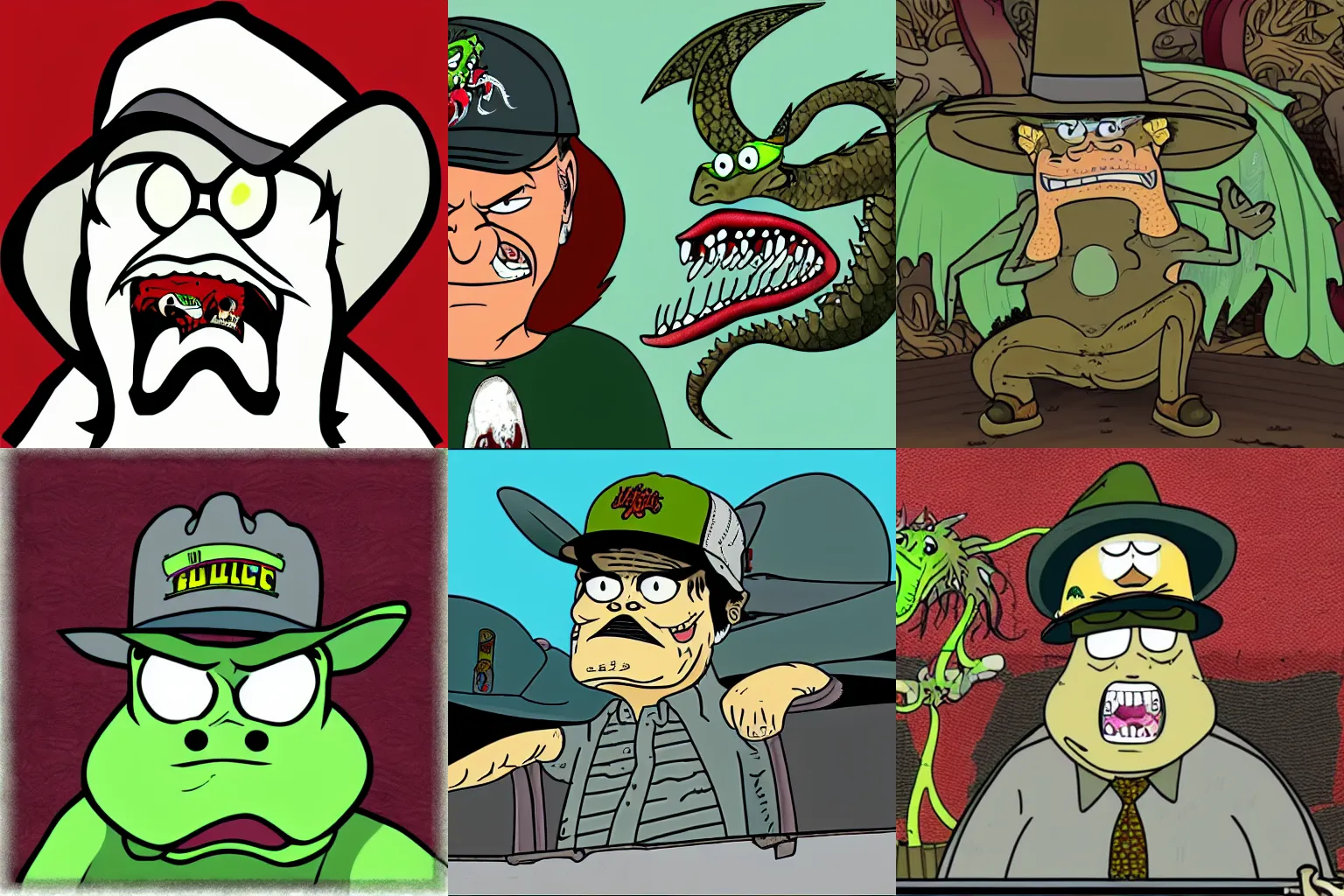 Prompt: redneck dragon, animation still, squidbillies, HQ, trucker hat