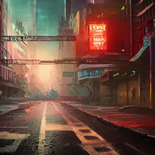 Prompt: empty street on a post - apocalyptic metropolis with neon billboards, electricity lightning, cold, soft, concept art, sharp focus, intricate details, highly detailed, photorealistic, disney pixar, octane render, iridescent, anime, big field of view, cinematic