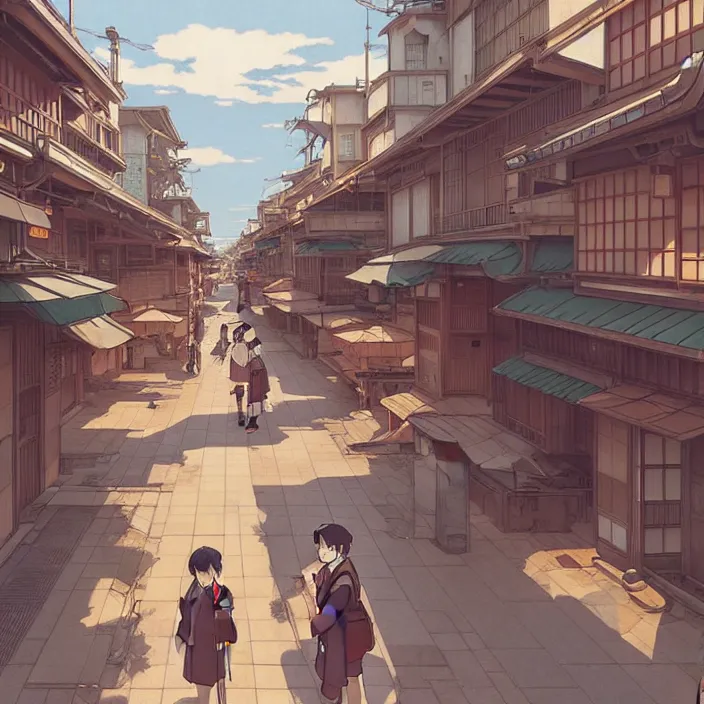 Image similar to empty japanese city, summer, in the style of studio ghibli, j. c. leyendecker, greg rutkowski, artem