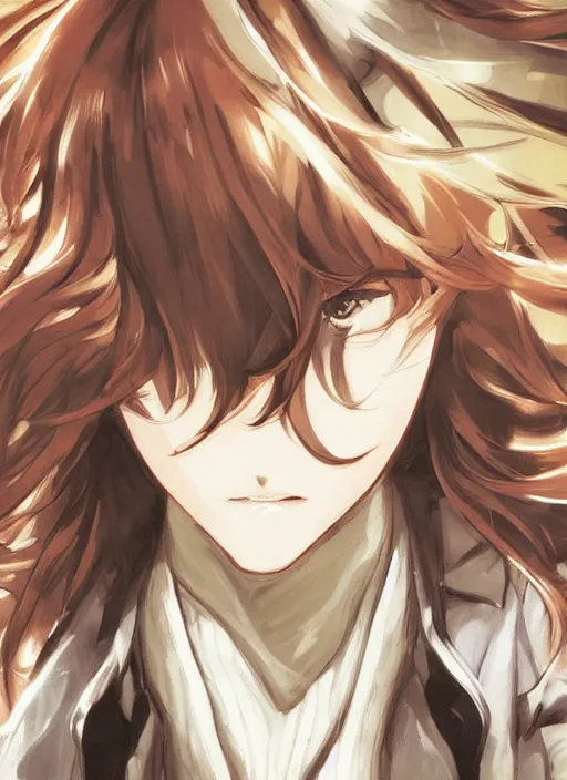 Image similar to portrait illustration by shigenori soejima, beautiful foxgorl, focus on face, pretty, cinematic lighting, painterly, long wavy orange hair, light brown trenchcoat