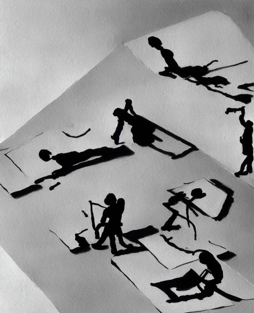 Image similar to stop motion movie frames representing a painting of a hand writing a letter, war in background, stop motion, minimal, black and white, designed by escher