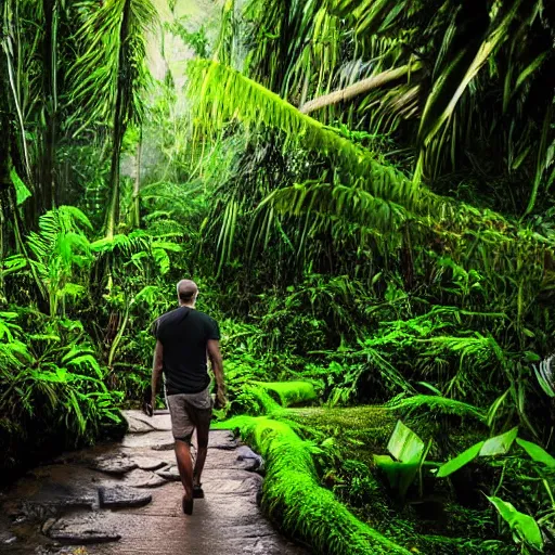 Image similar to 4 k realistic photo of a man walking through a jungle, lush rainforest, waterfall in the background,