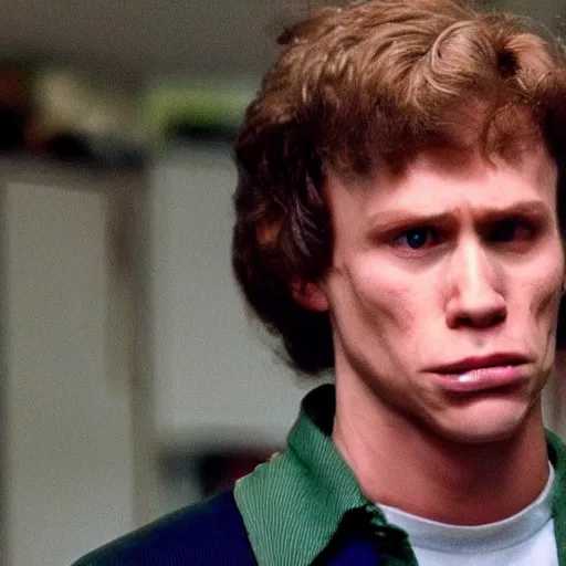 Image similar to Live Action Still of Jerma in Napoleon Dynamite, real life, hyperrealistic, ultra realistic, realistic, highly detailed, epic, HD quality, 8k resolution, body and headshot, film still