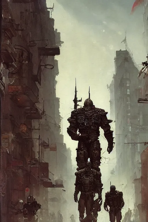 Image similar to soldiers on city street observe a martyn ford as a huge bipedal martian wearing armour, painted by ruan jia, raymond swanland, lawrence alma tadema, zdzislaw beksinski, norman rockwell, jack kirby, tom lovell, alex malveda, greg staples