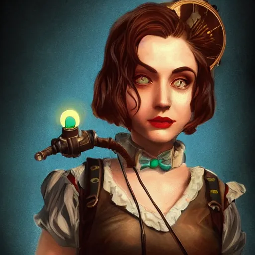 Prompt: bioshock _ steampunk _ portrait _ of _ bilie eilish _ au _ naturel _ hyper _ detailed _ digital _ art _ trending _ in _ artstation _ cinematic _ lighting _ studio _ quality _ smooth