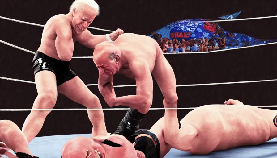 Prompt: Joe Biden wrestling at WWE, hyperdetailed, artstation, cgsociety, 8k
