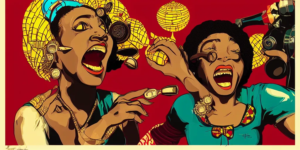 Prompt: mama africa laugh at her child!!! pop art, pixel, bioshock, gta chinatown, artgerm, richard hamilton, mimmo rottela, julian opie, aya takano, intricate, sharp focus, concept art, smooth, focus on details