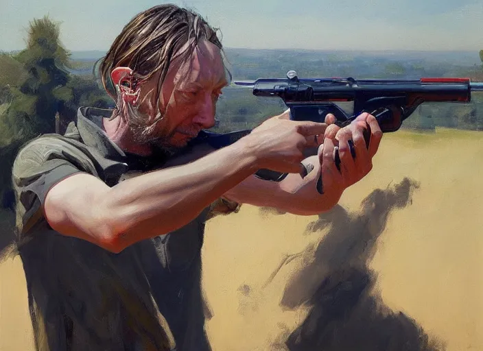 Image similar to a highly detailed beautiful portrait of thom yorke shooting a gun, by gregory manchess, james gurney, james jean