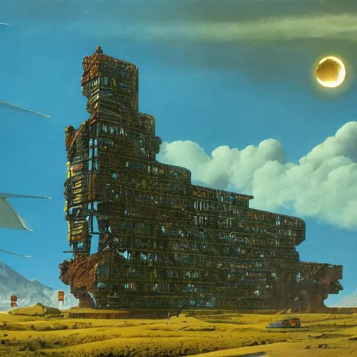 Prompt: a building in a stunning landscape by Chris Foss