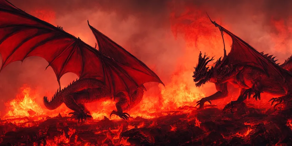 Image similar to a dragon born on the flames, post - war scenery, red - toned mist, epic environment, skeletons, ultra wide angle, 8 k, ultra _ realistic, art by nills ham and alan lee