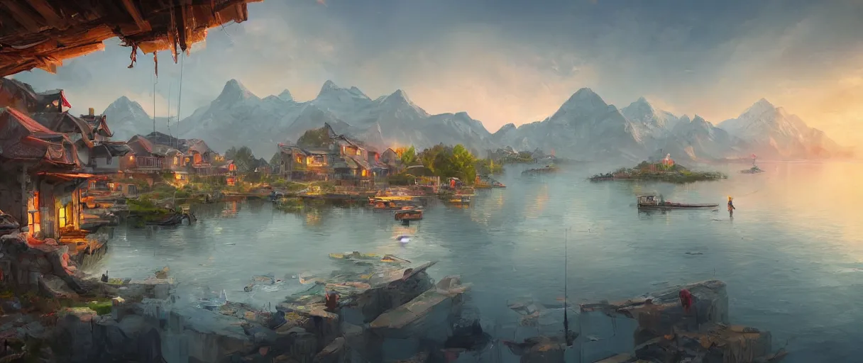 Image similar to fishing village crowded with houses around a lake, mountains in background, concept art, digital painting, style of jordan grimmer, warm lighting, futuristic, volumetric lighting, view from below, vivid colours, bright, daytime, godrays, high detail