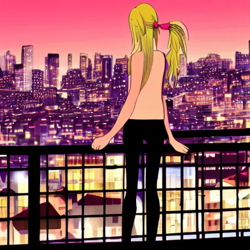 Image similar to a blonde woman with a ponytail wearing black stands on her balcony over a city street at night, anime style, 4k