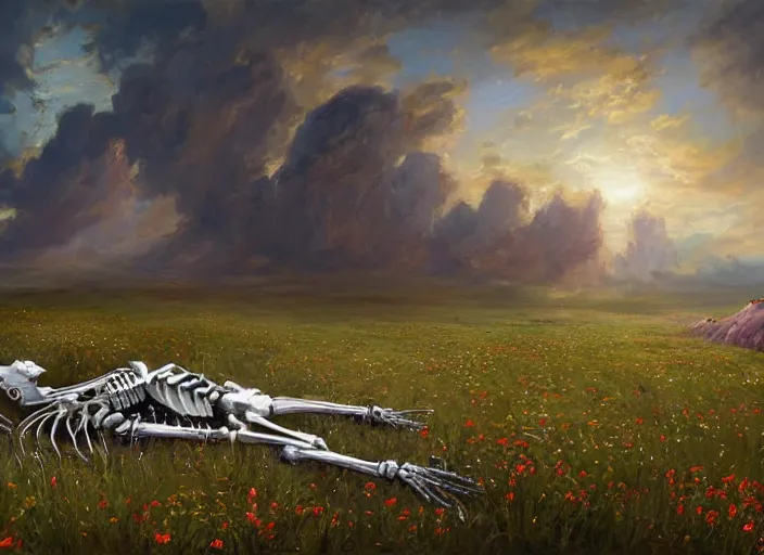 Image similar to a knight's skeleton killed long ago lays in a vast flower field in the cosmic sky by vladimir volegov and alexander averin and peder mørk mønsted and adrian smith and raphael lacoste