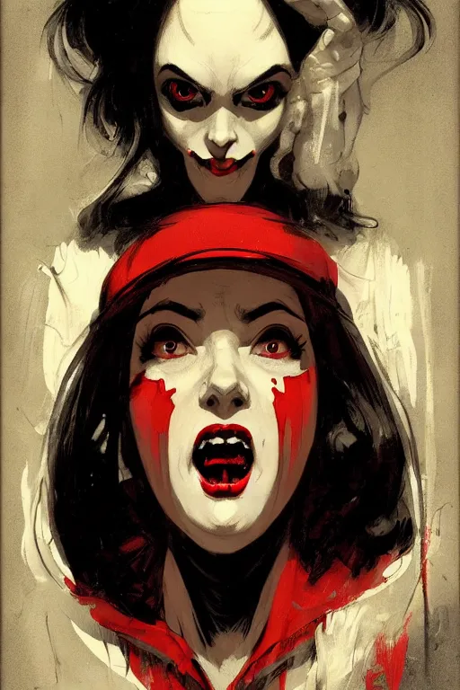 Prompt: scary female vampire nurse, symmetrical face, evil grin, portrait size, cinematic, dramatic, super detailed and intricate, by koson ohara, by darwyn cooke, by greg rutkowski, by satoshi kon