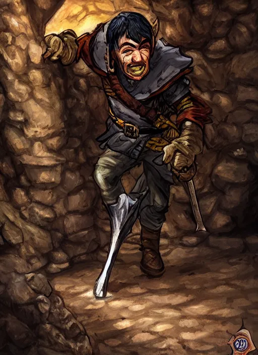 Prompt: A fantasy comic book roleplaying game style portrait painting of a halfling rogue sneaking in a cavern, DAZ, hyperrealistic, ambient light, dynamic light