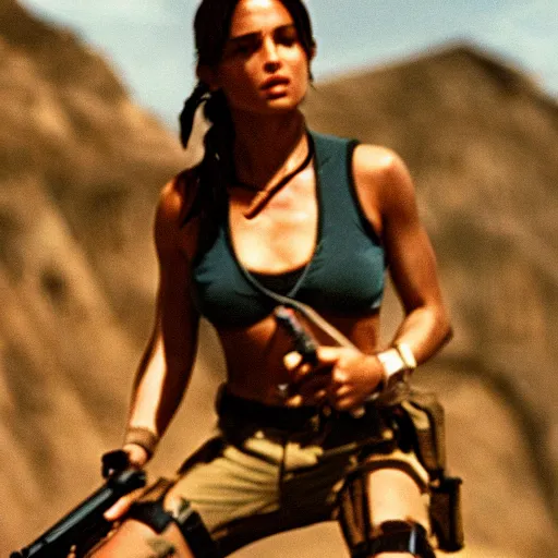 Prompt: 35mm film still of Lara Croft, figure portrait