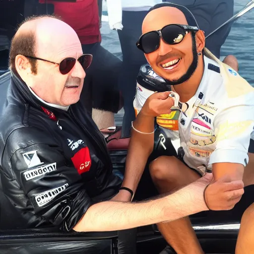 Prompt: character torrente and lewis hamilton on a boat