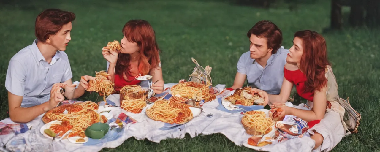 Image similar to young couple enjoying a spaghetti picnic in the park, high detail, perfect face, canon 5 0 mm, cinematic lighting, photography, retro, film, kodachrome