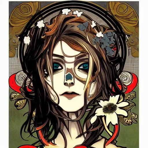 Prompt: anime manga skull portrait woman comic skeleton illustration style by Alphonse Mucha pop art nouveau