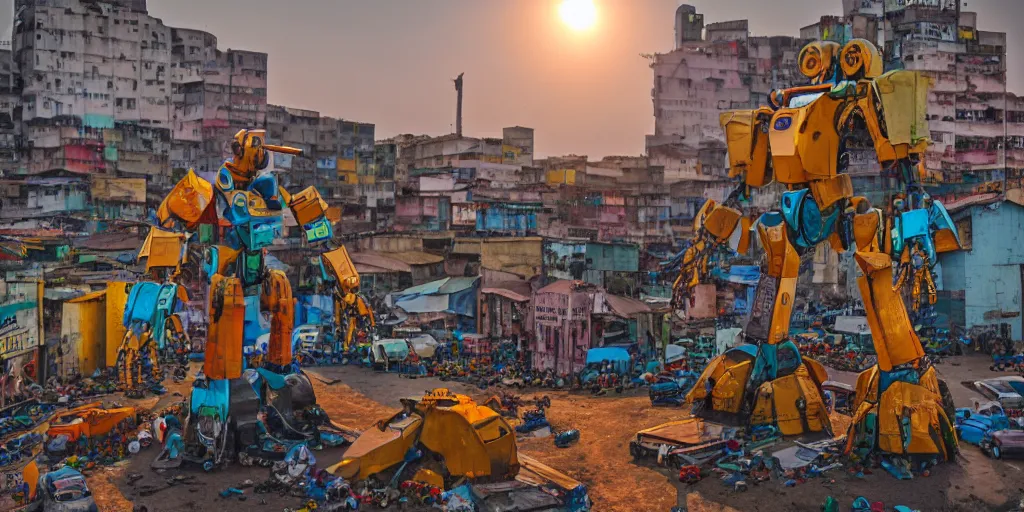 Prompt: giant mecha ROBOT of AJEGUNLE_SLUMS of Lagos, writing on colourful robot, Golden hour,